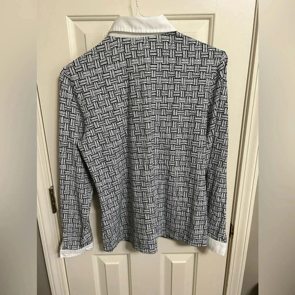 J. McLaughlin Long Sleeve Button Up Collared Black & White Geometric Top Large - Picture 3 of 4